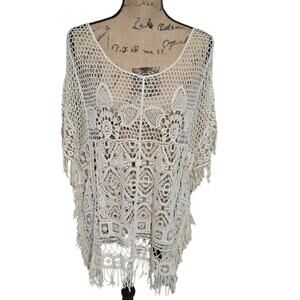 Vintage Cream Crochet Lace Mesh Fringed Coverup‎ OSFM